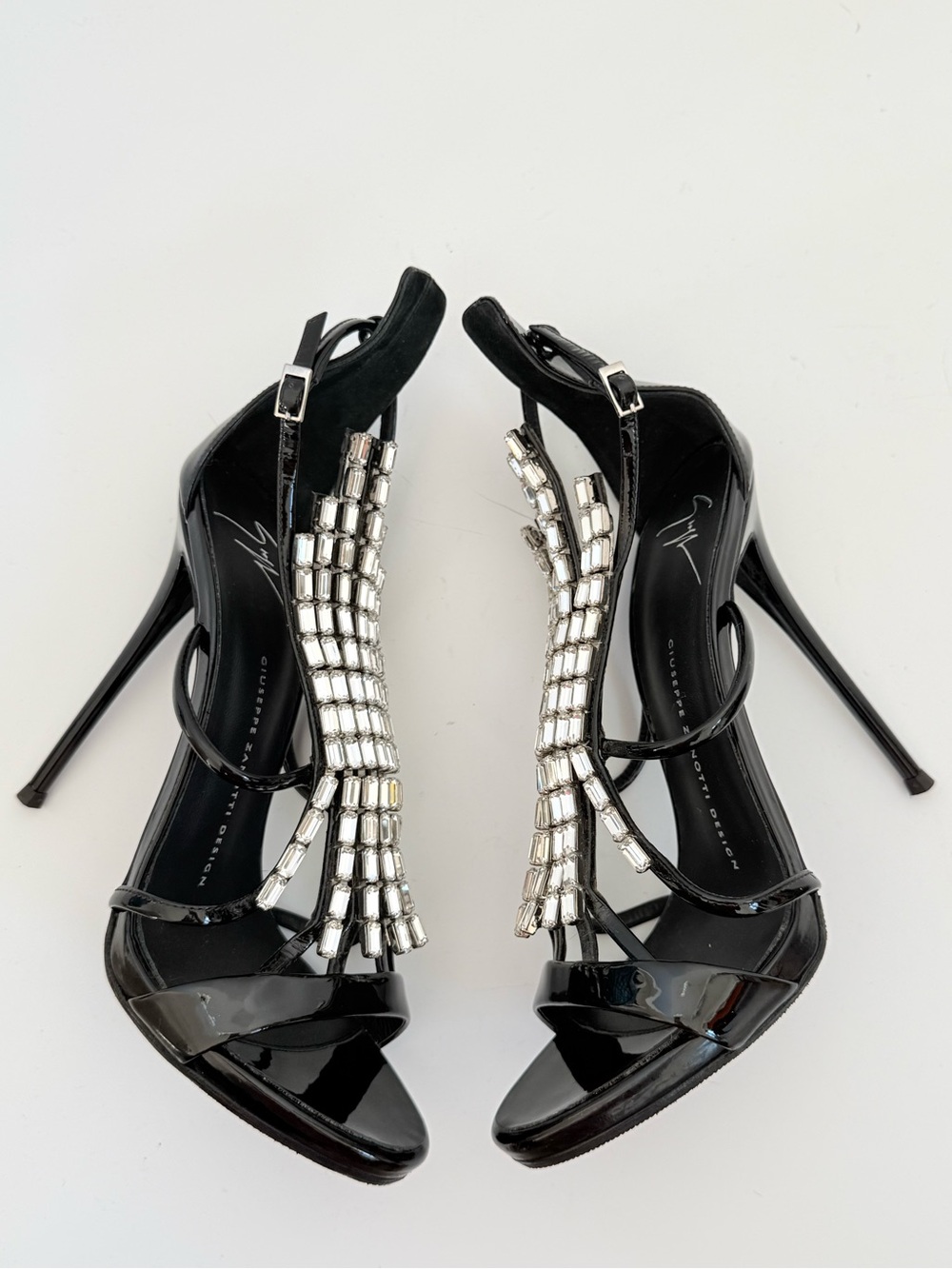 Giuseppe Zanotti Lights Up Crystal Baguette Black Patent Stiletto Sandals 38 - Picture 3 of 8